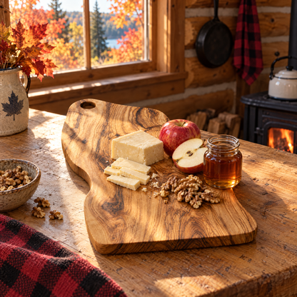 Olive wood cutting board with aged cheddar and apples in an Ontario log cabin kitchen in fall