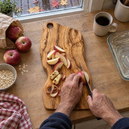 Apples being sliced on the olive wood cutting board in an Ontario kitchen
