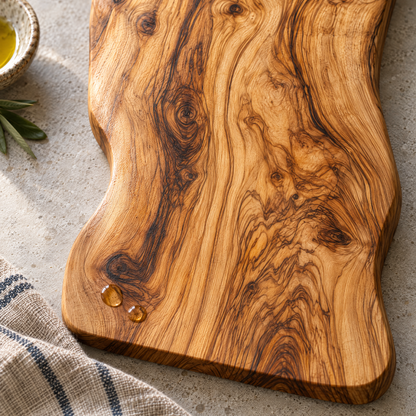 Close-up of the olive wood grain of Nello's board
