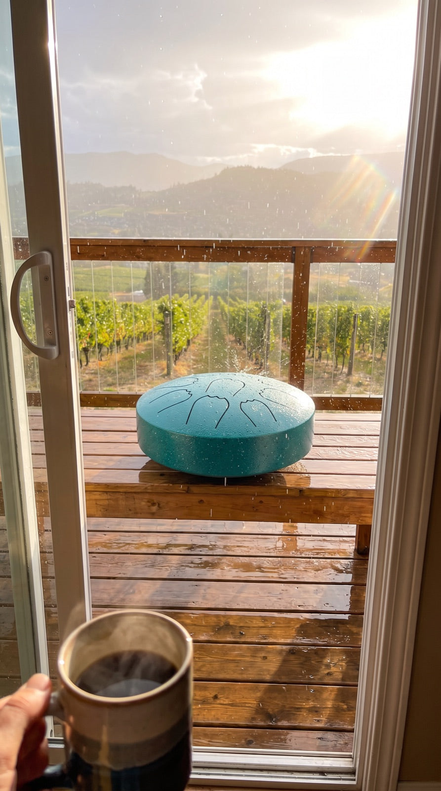 Rain drum on a deck railing in the rain, Okanagan hills behind