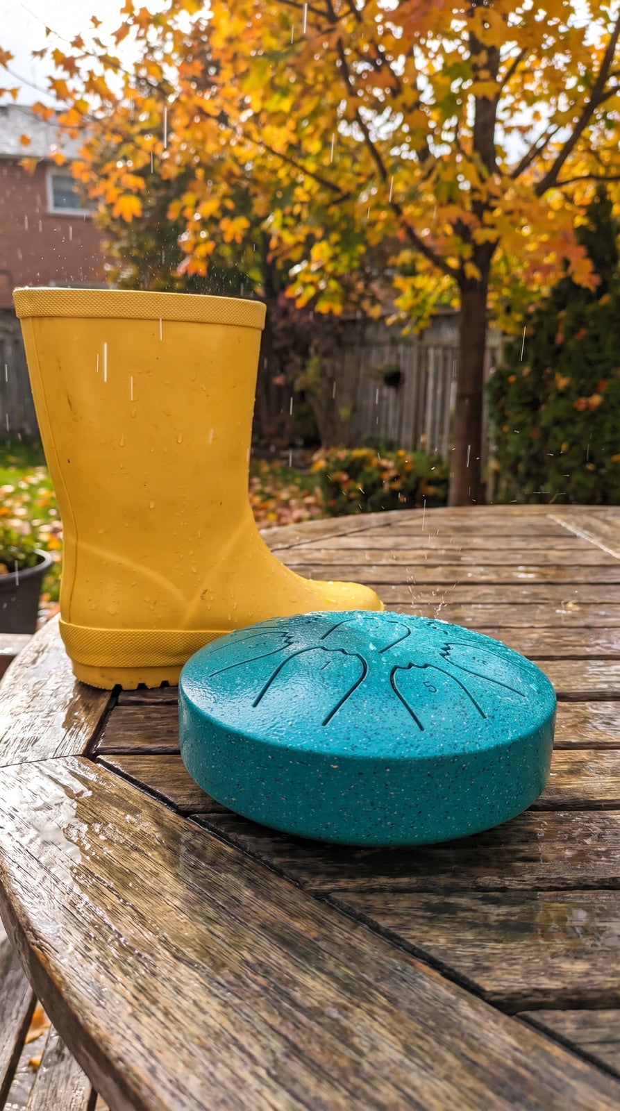 Rain drum on a garden table in the rain next to a child's rubber boot