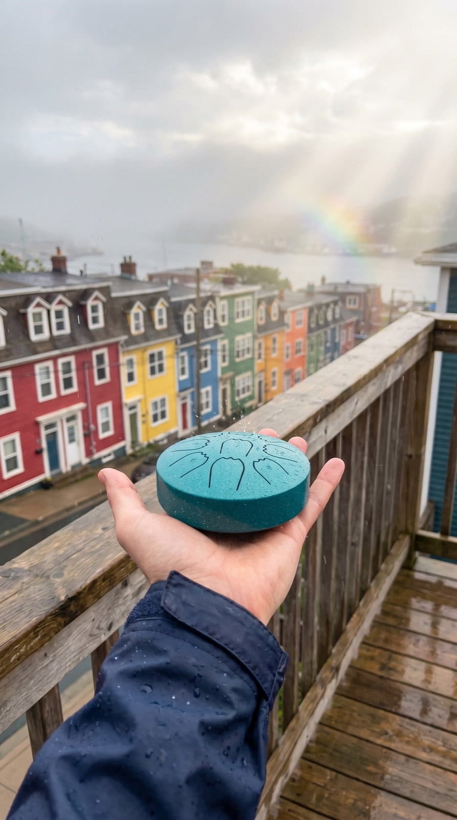 Rain drum held in one hand over a deck railing above colourful row houses