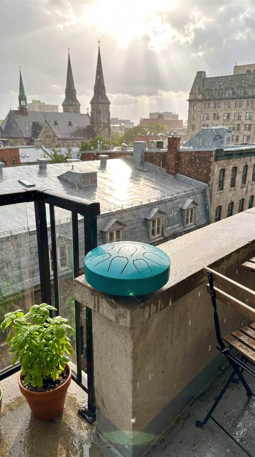 Rain drum on a condo balcony wall with city spires behind
