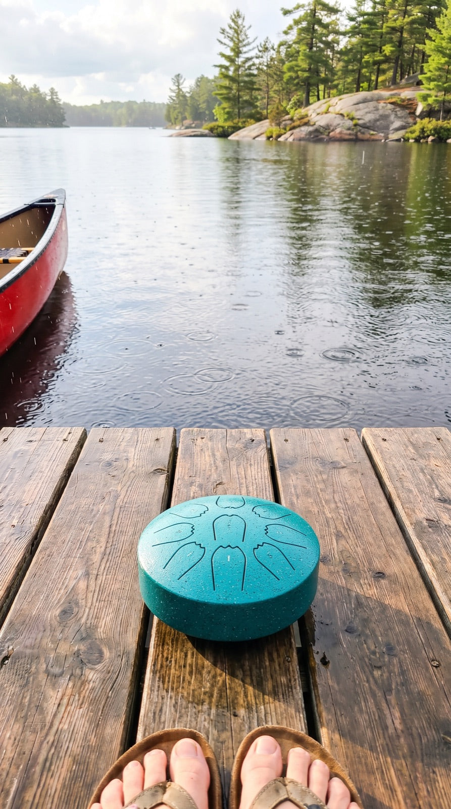 Rain drum on the end of a cottage dock in the rain