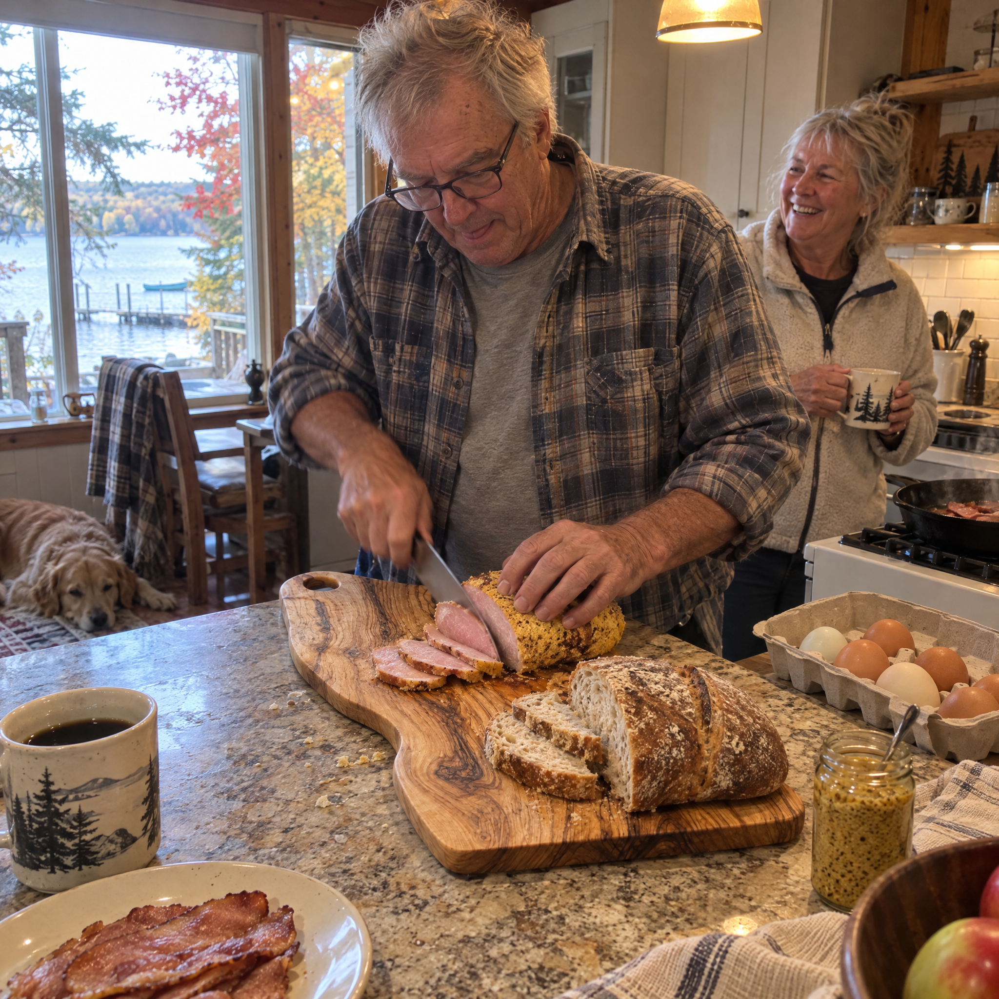 Customer slicing peameal bacon on the board at the cottage