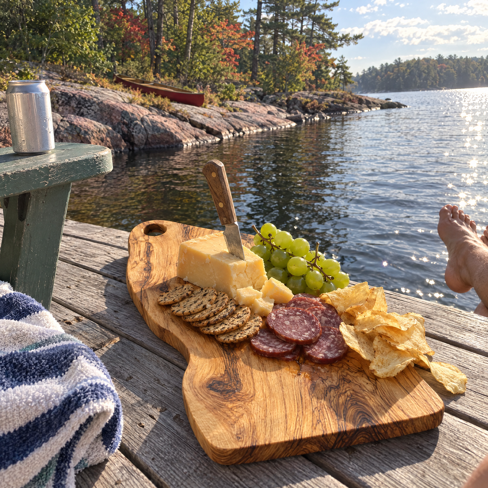 Cheese and crackers on the olive wood board on a cottage dock
