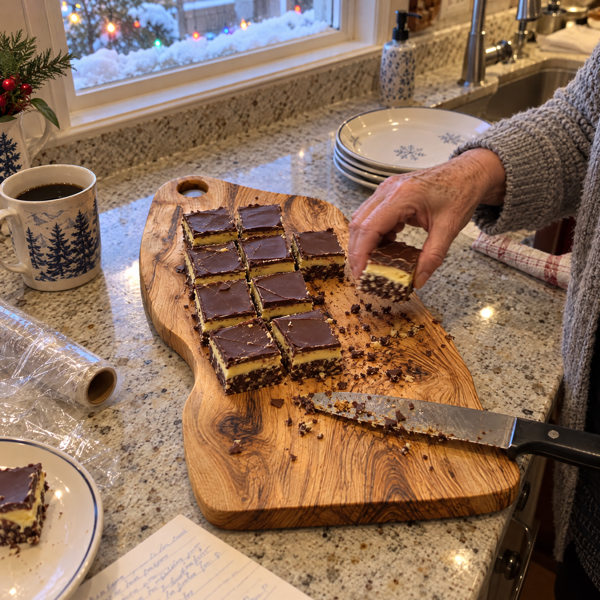 Nanaimo bars cut and served on the olive wood board