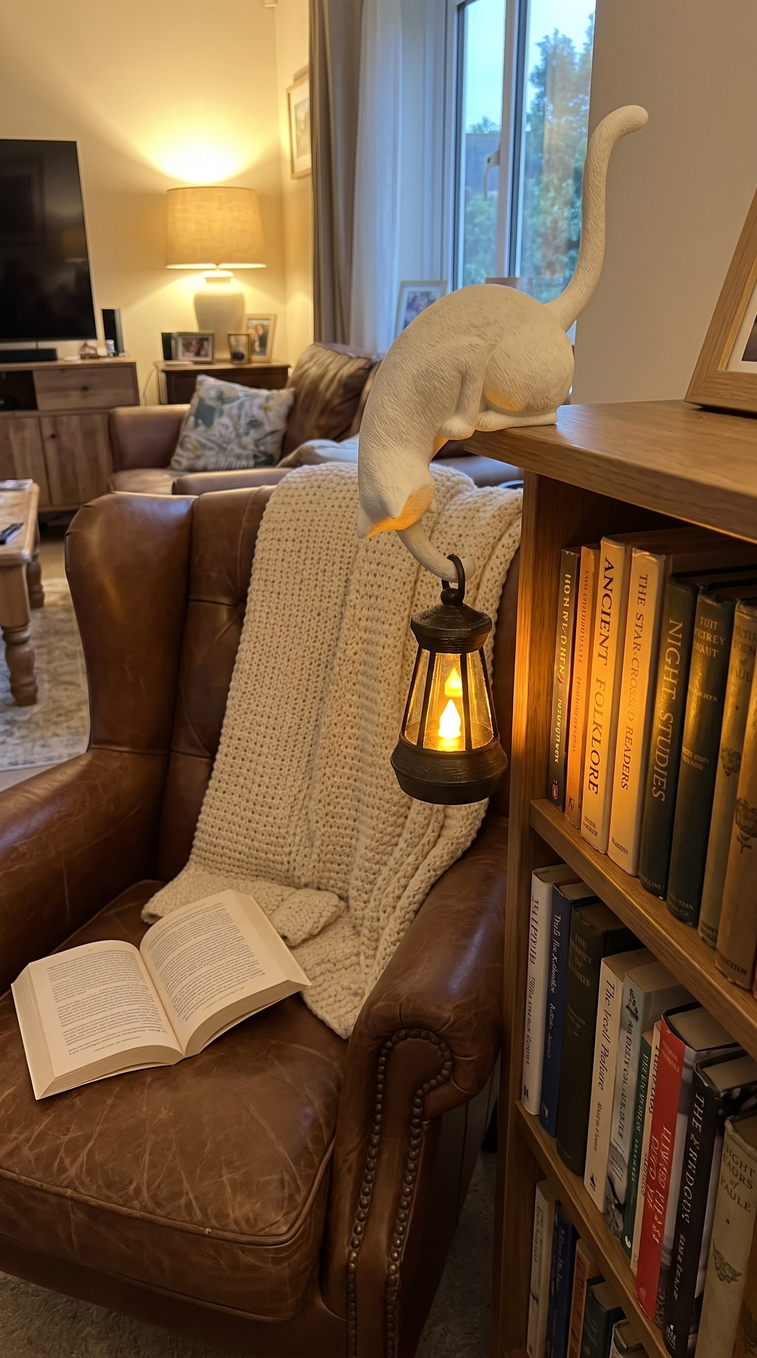 Owner photo: bone white cat lantern beside a reading chair