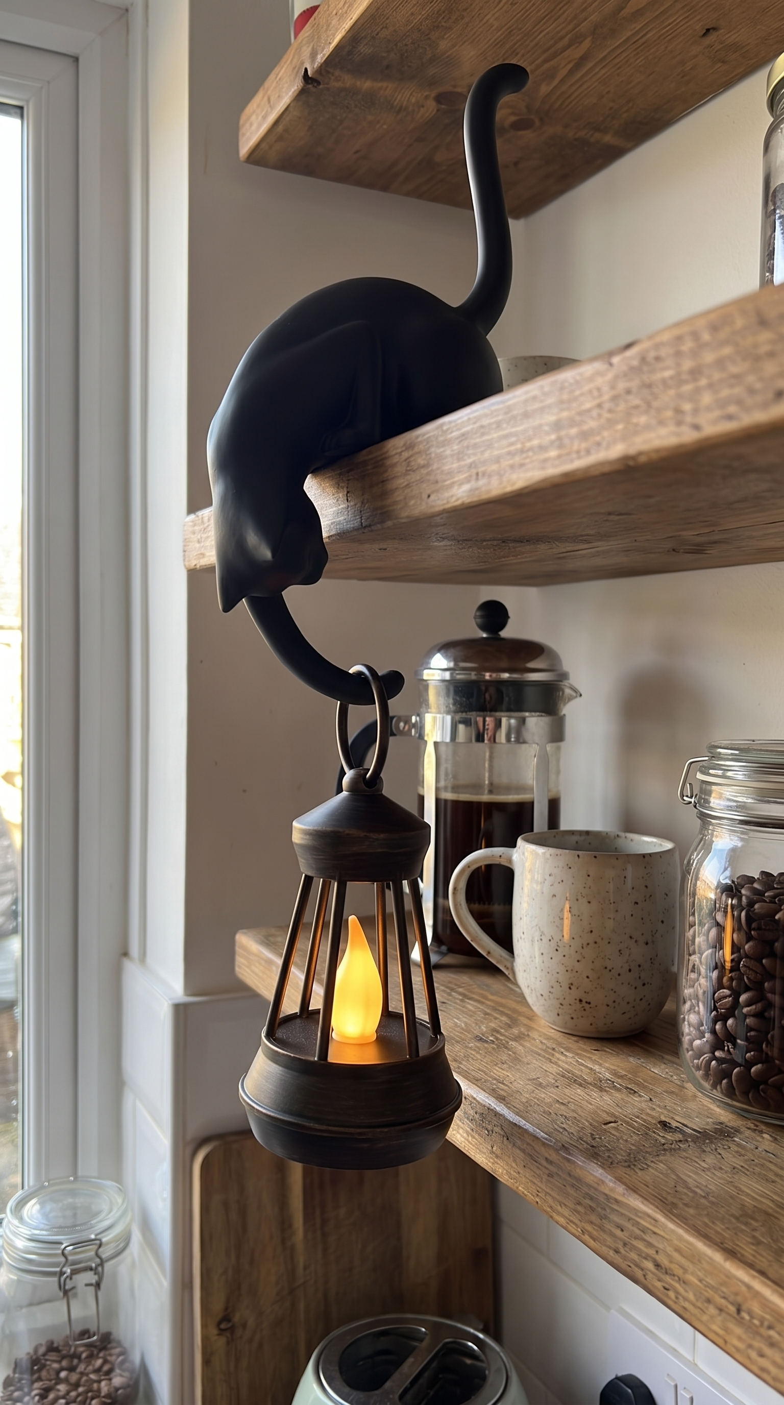 Owner photo: ink black cat lantern on a kitchen shelf