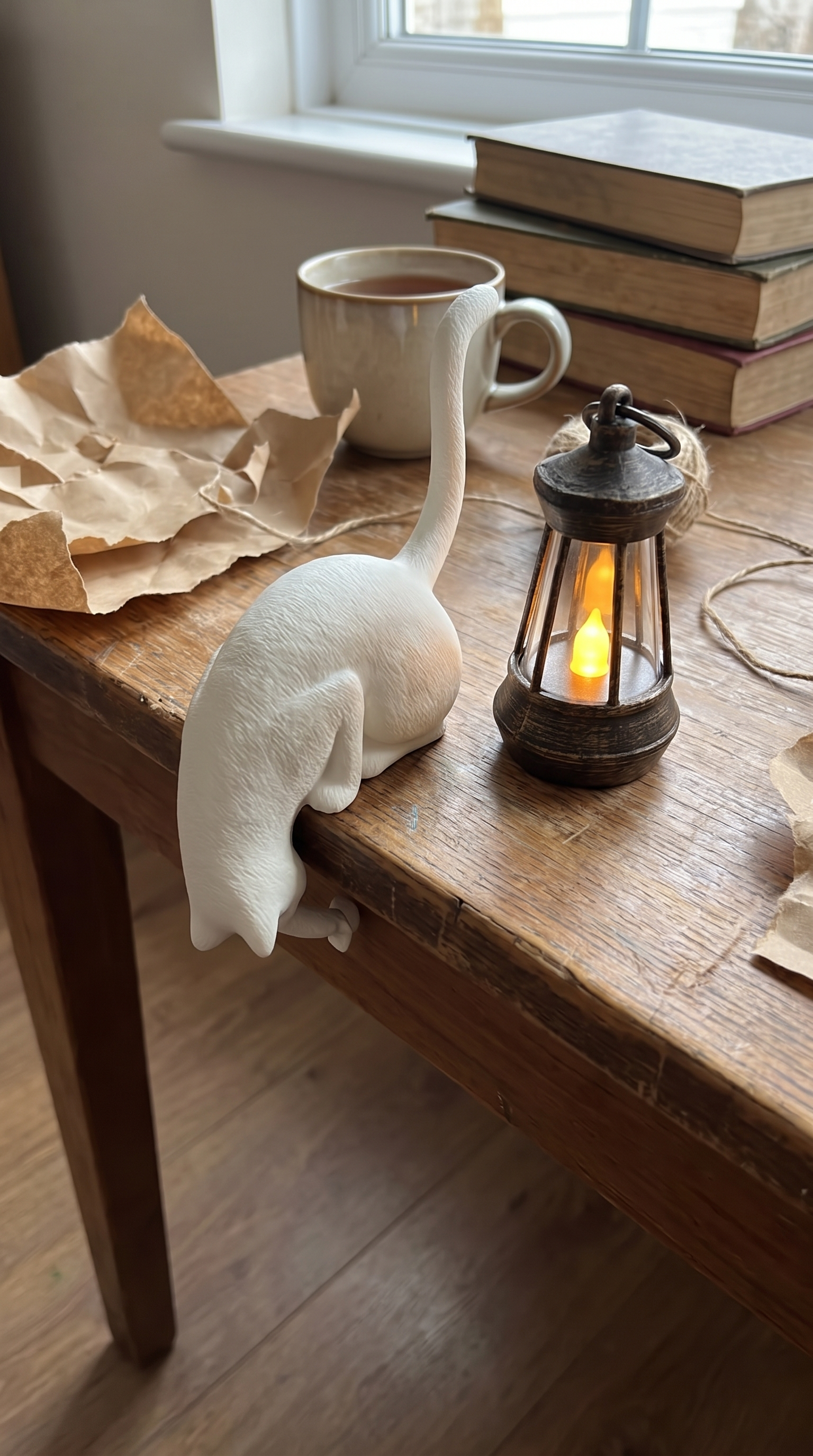 Owner photo: bone white cat lantern just unwrapped on a table