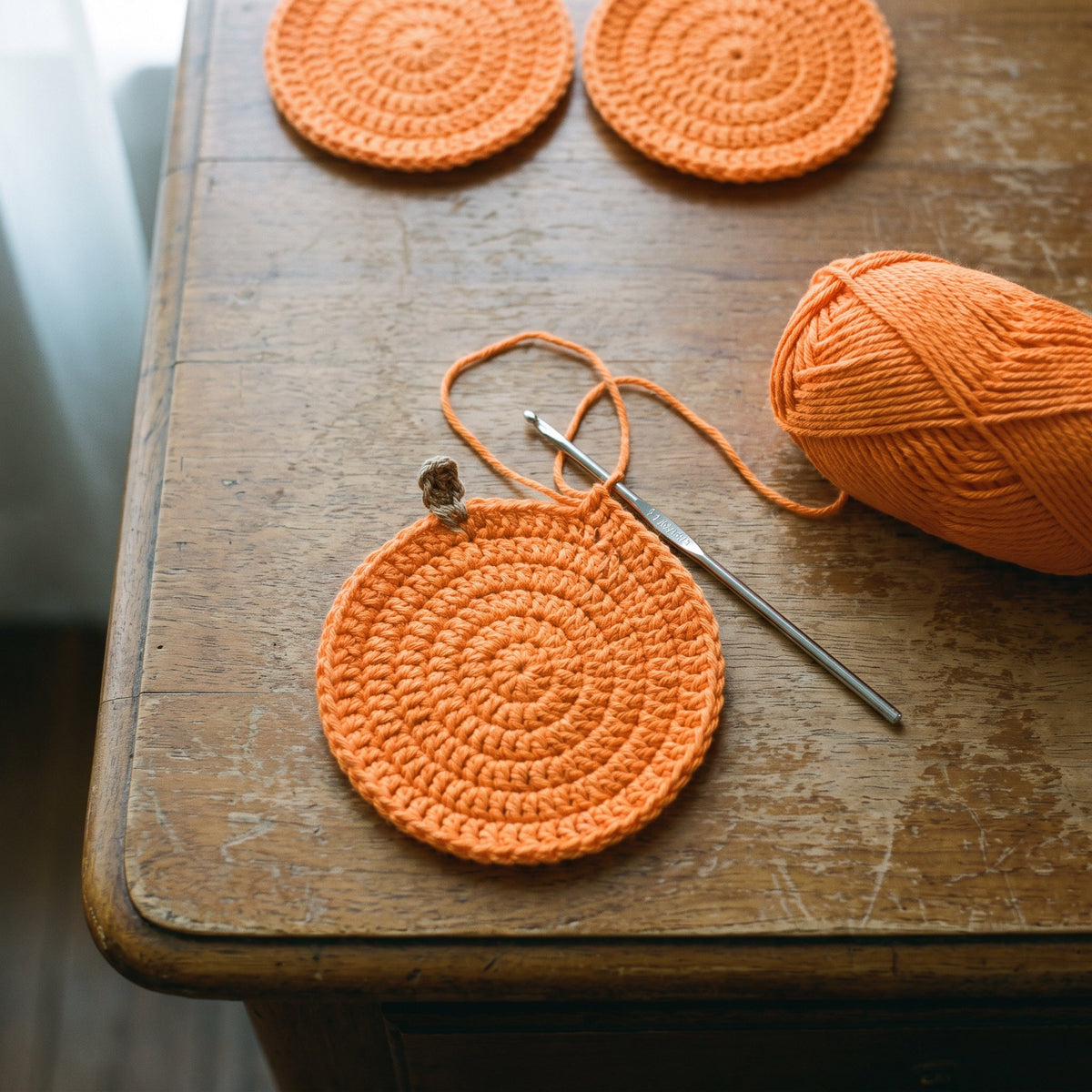 Coaster being crocheted by hand