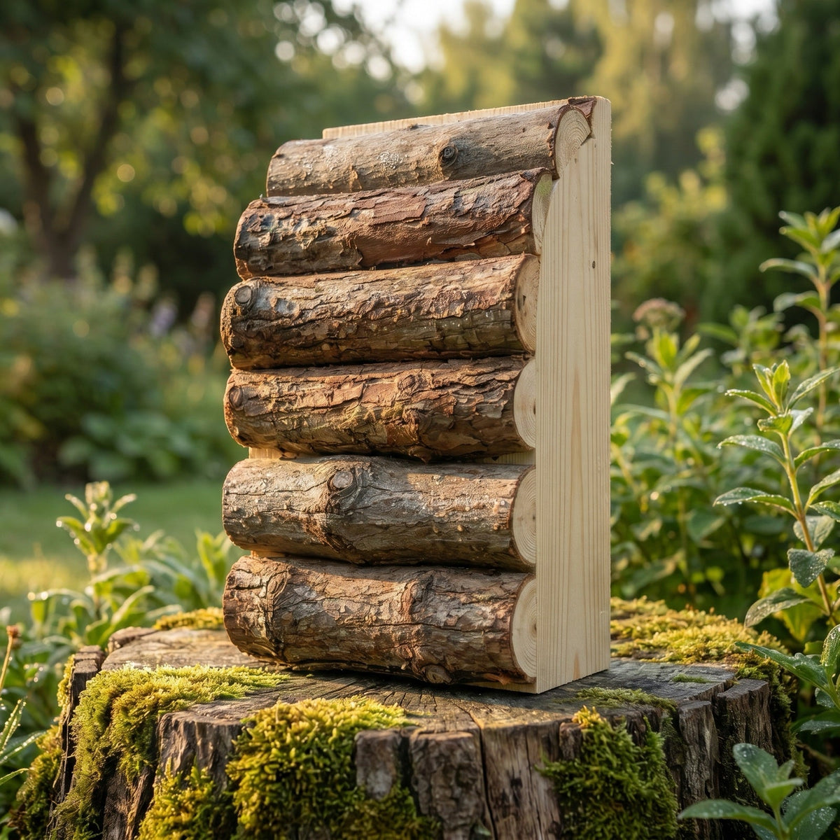 Nev Tarrant's hand-built bat box of stacked bark-on logs standing on a mossy tree stump in a garden
