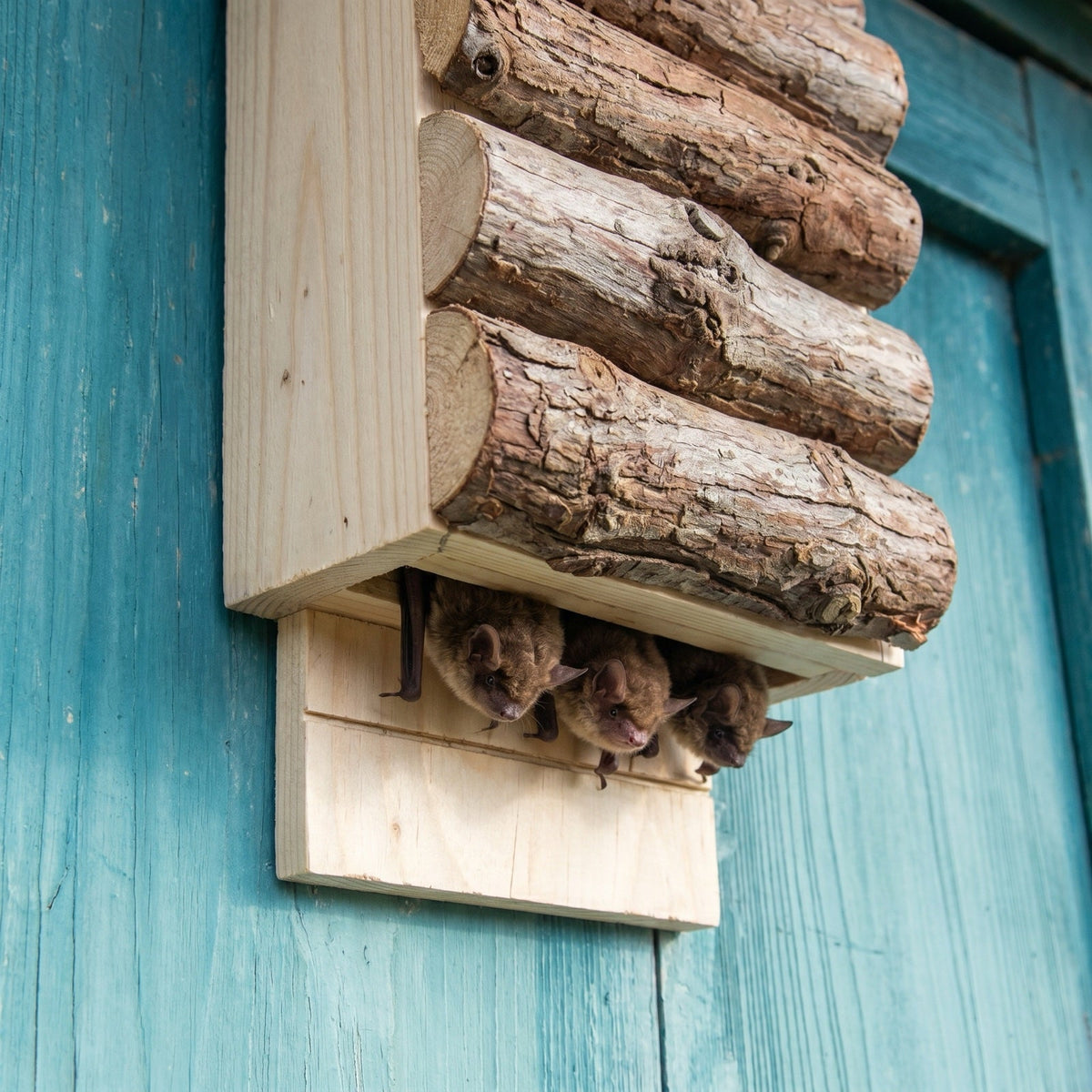 A colony of microbats roosting inside the bat box, seen from the open bottom