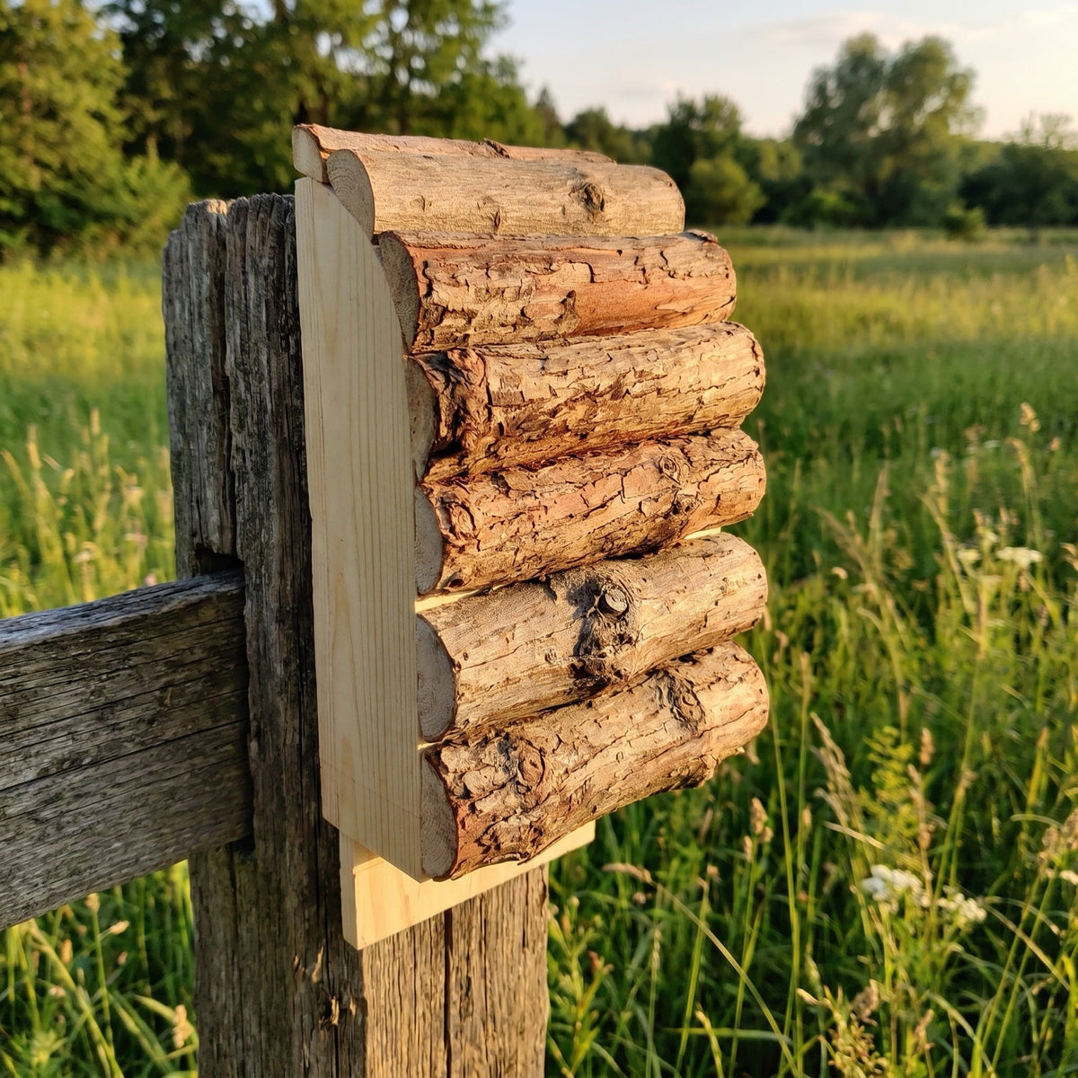 The bat box mounted on a weathered post at the edge of a paddock in morning light