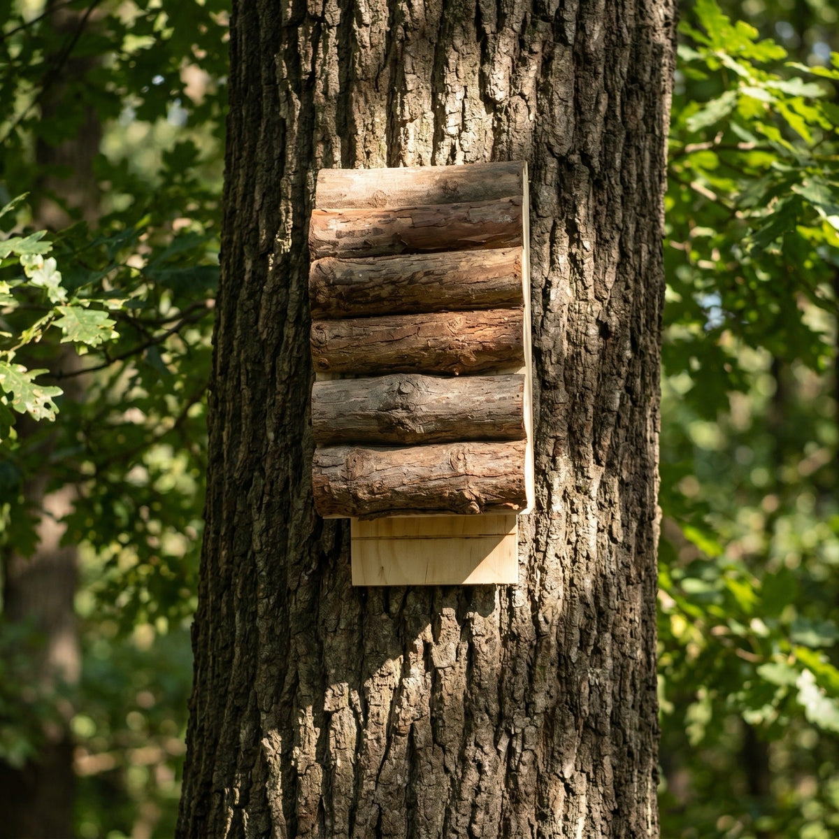 The bat box fixed to a mature eucalypt trunk in dappled light