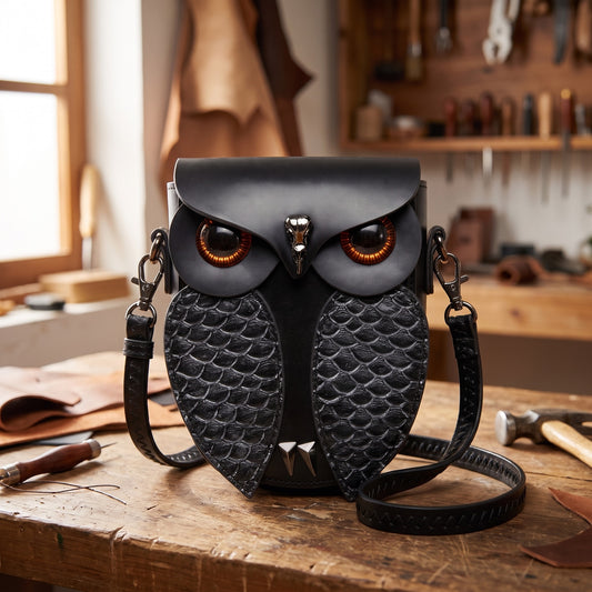 Ruth's hand-stitched owl crossbody bag on the workbench in her leather workshop