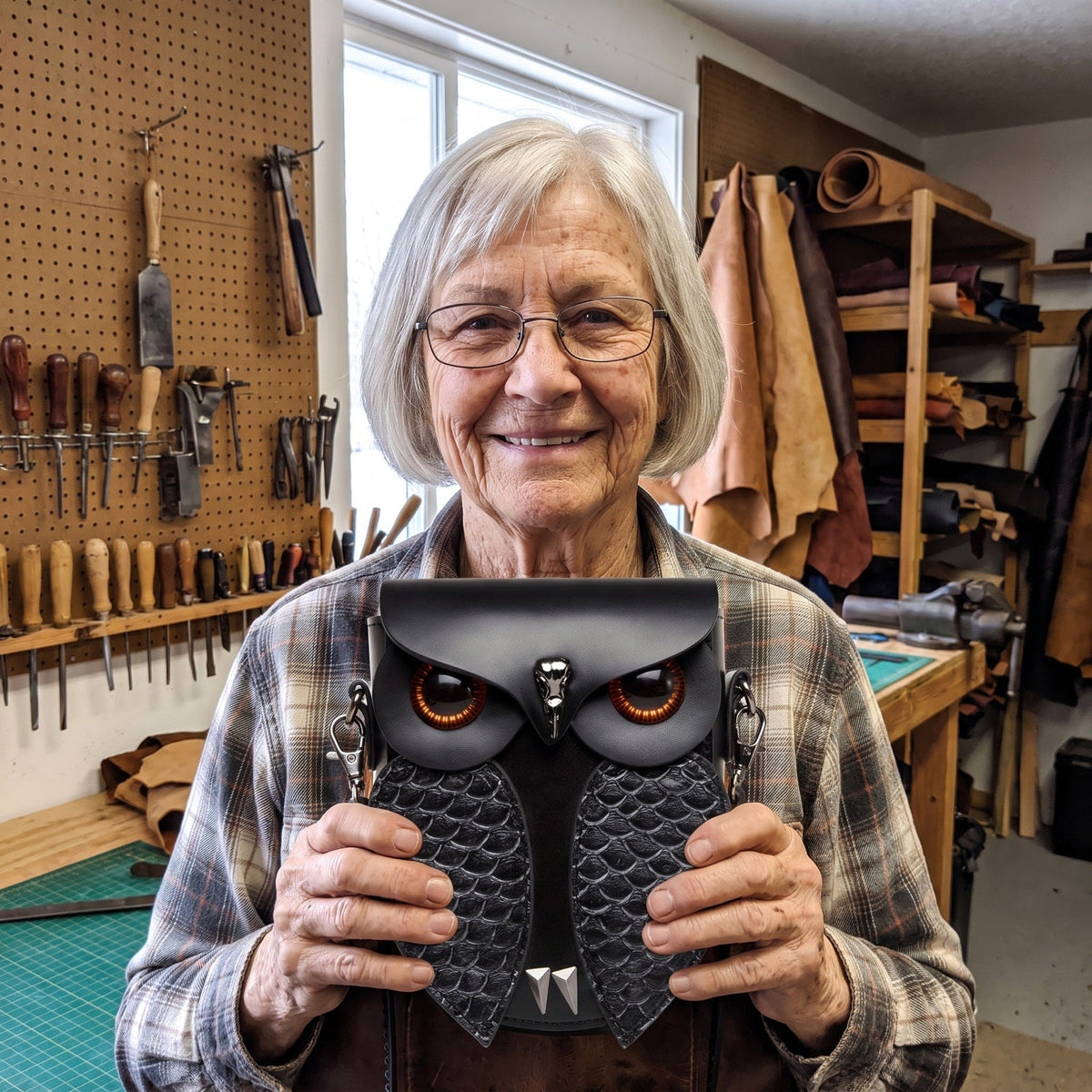 Ruth Vandusen holding one of her hand-stitched owl bags in her workshop