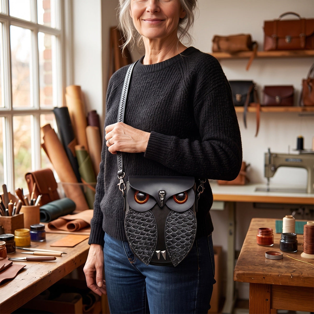 The owl bag worn crossbody, showing how it sits at hip height