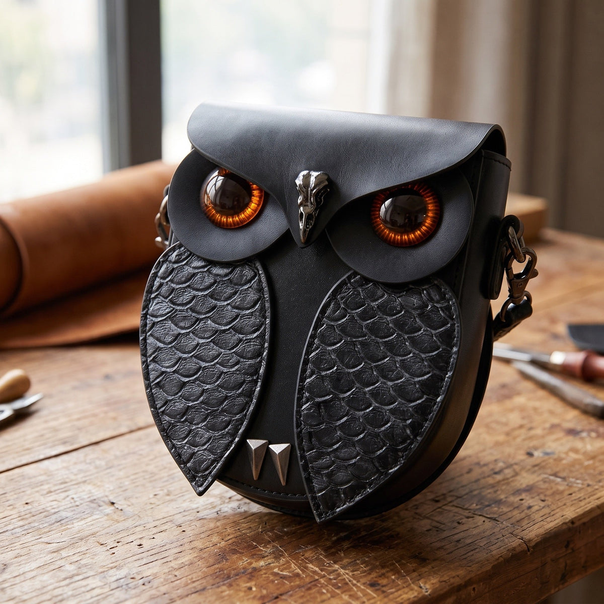 Close-up of the owl face: amber glass eyes in recessed collars, gunmetal beak, embossed wings