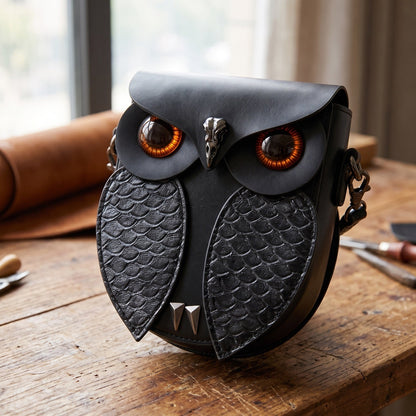 Close-up of the owl face: amber glass eyes in recessed collars, gunmetal beak, embossed wings