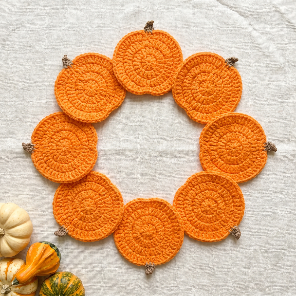 Crocheted pumpkin coaster detail