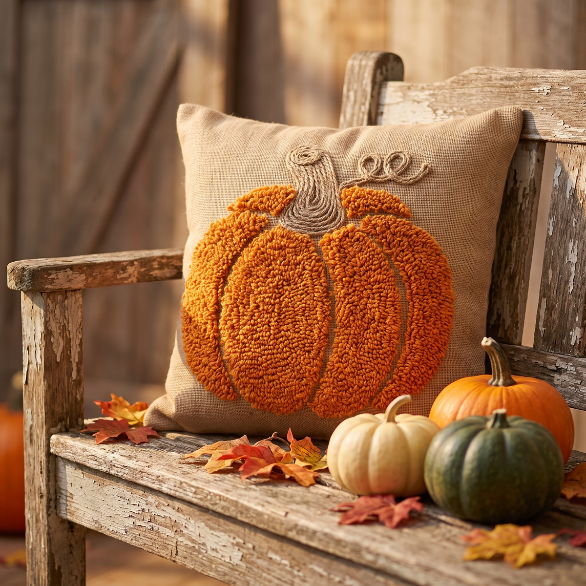 Pumpkin cushion cover on bench