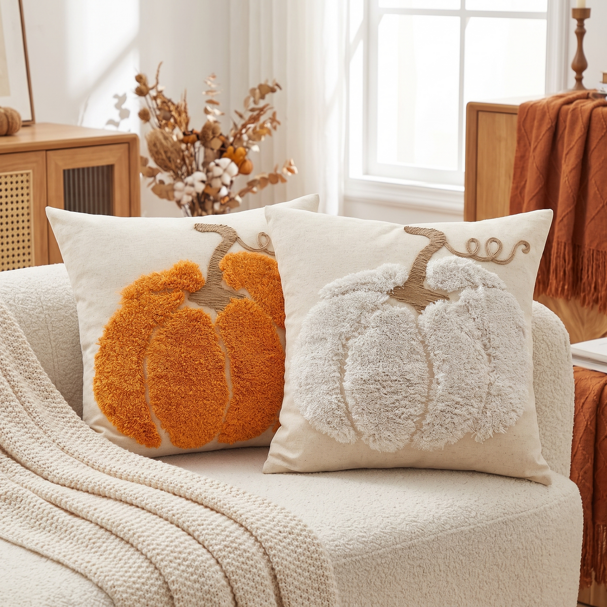 Hand-tufted pumpkin cushion cover