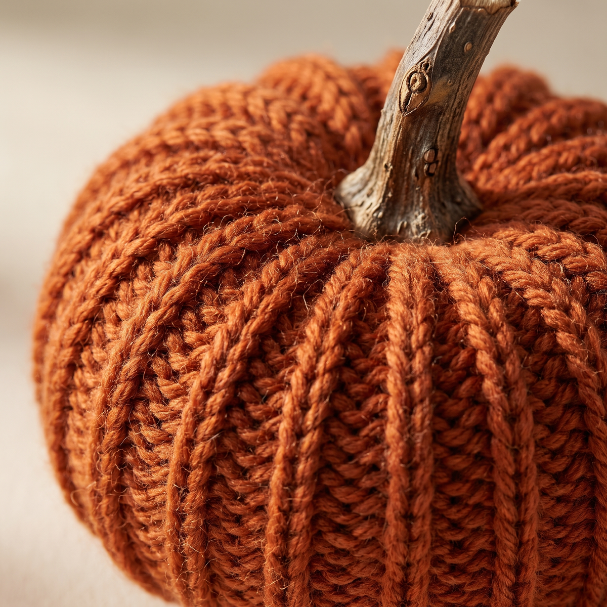 Close-up of ribbed knit pumpkin with twig stem