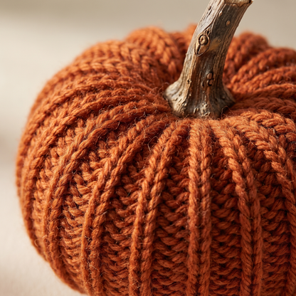 Close-up of ribbed knit pumpkin with twig stem