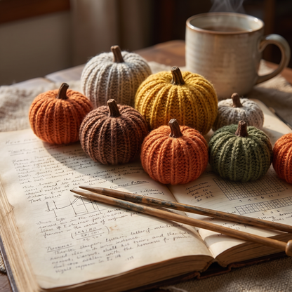 Knit pumpkins styled on a farmhouse table
