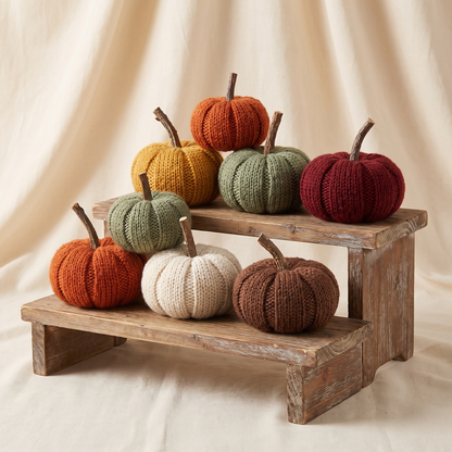 Knit pumpkins on mantel