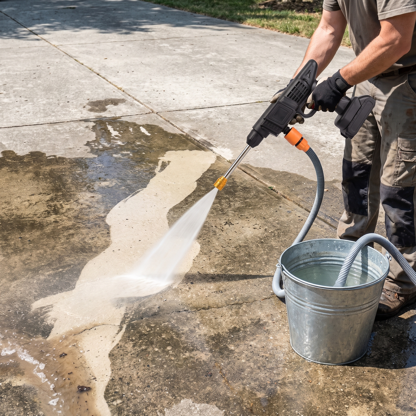 Cleaning a driveway with water drawn straight from a bucket, no tap needed