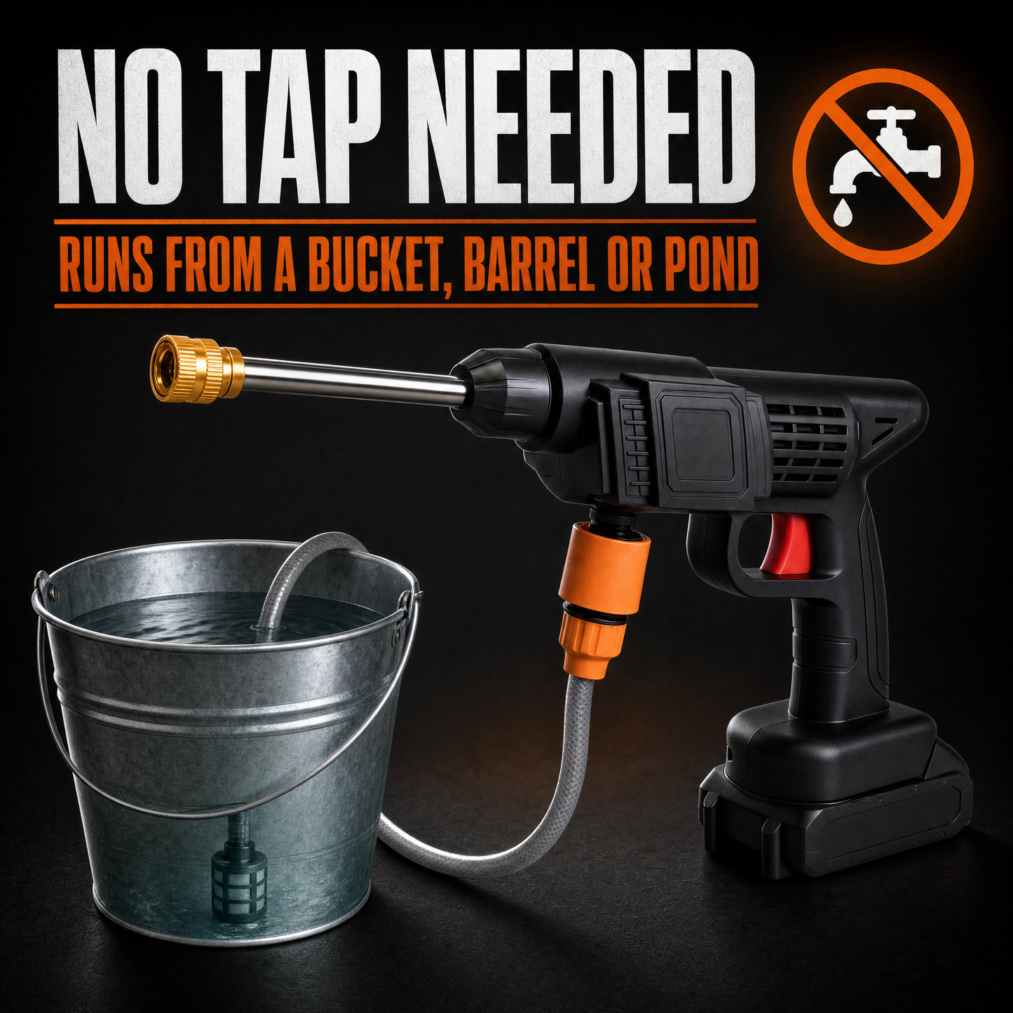 No tap needed: runs from a bucket, barrel or pond