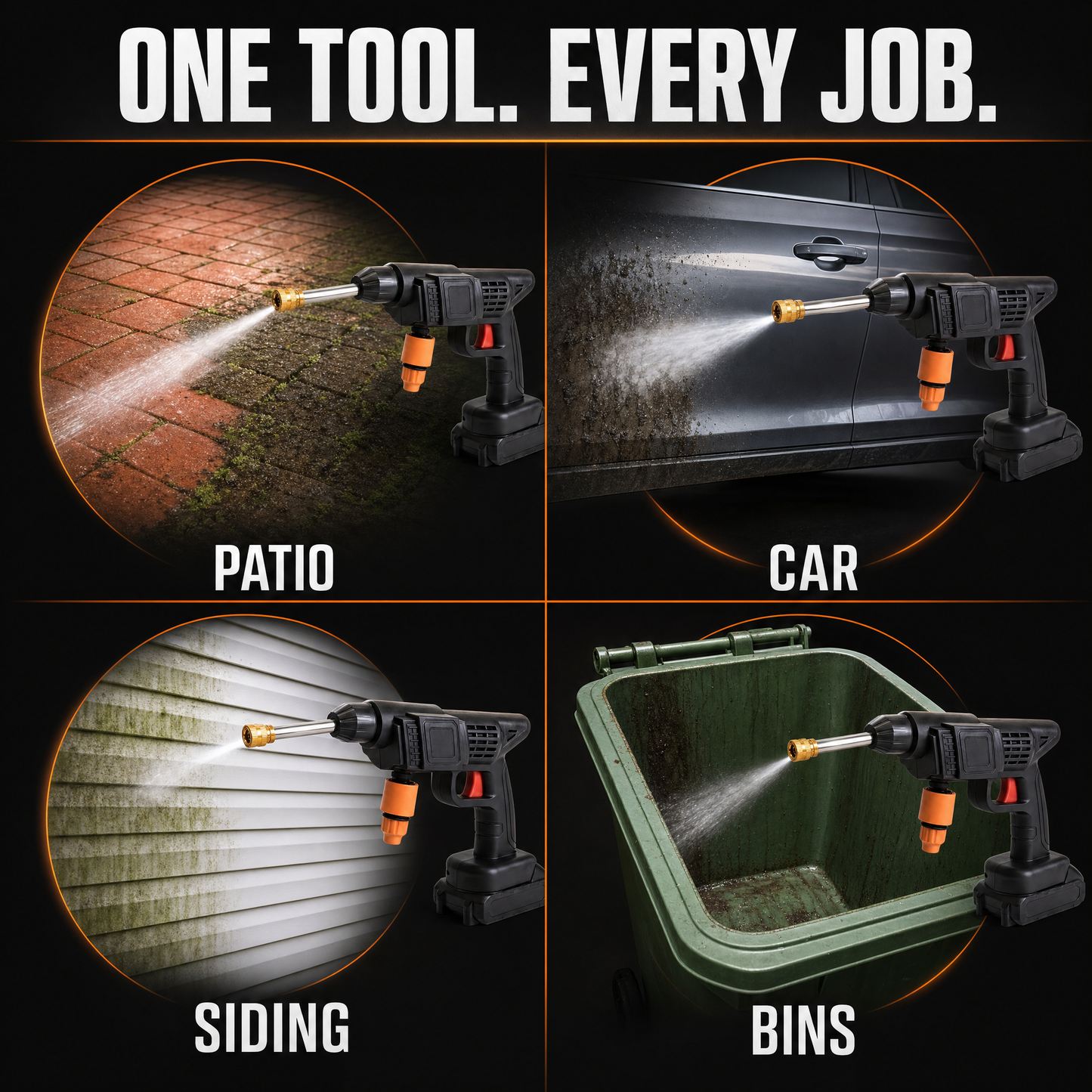 One tool for patio, car, siding and bins
