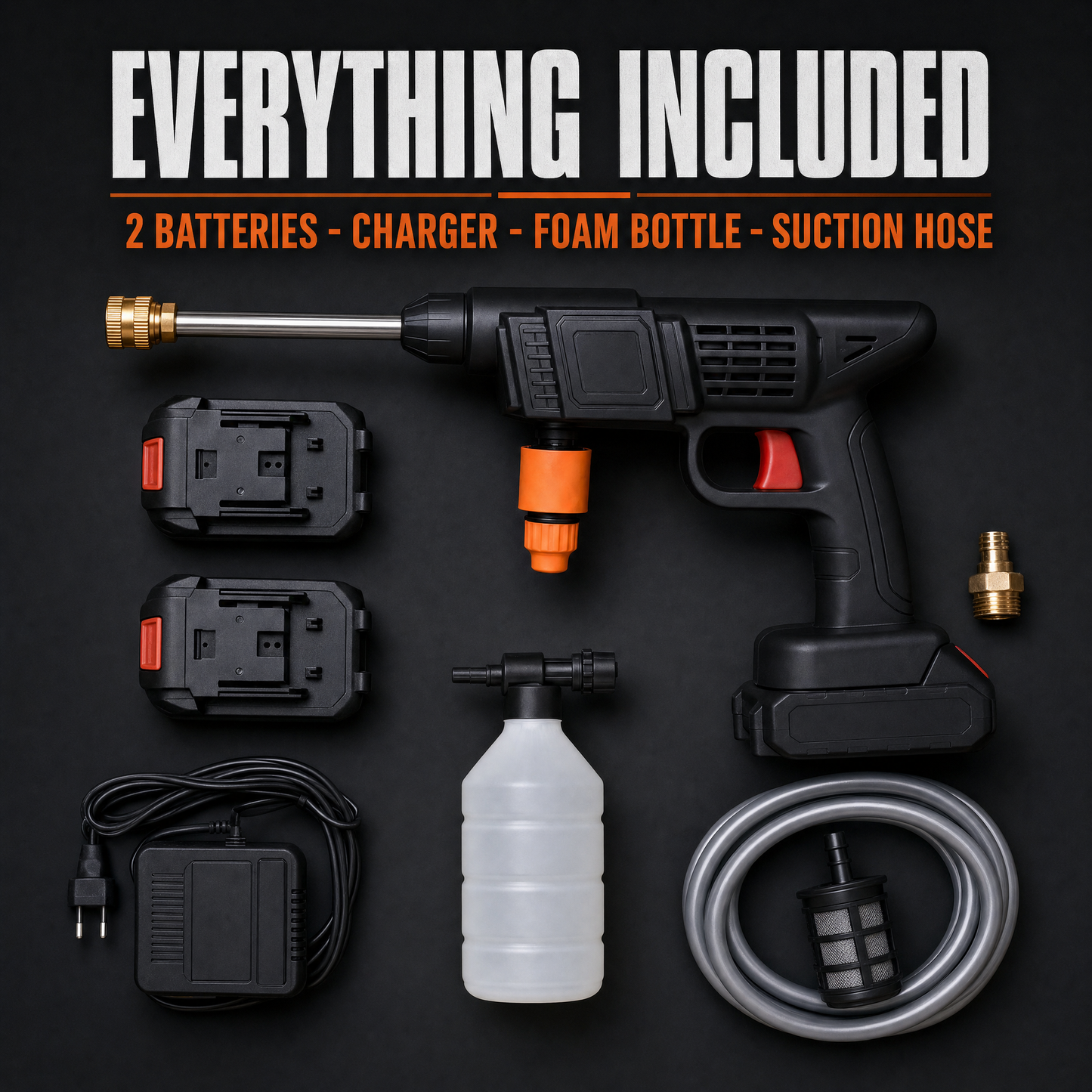 Everything included: two batteries, charger, foam bottle and suction hose