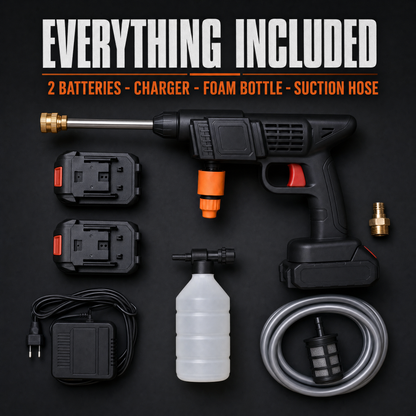 Everything included: two batteries, charger, foam bottle and suction hose