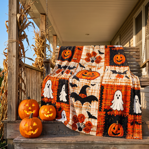 Halloween patchwork fleece blanket draped over a porch swing beside carved jack-o-lanterns