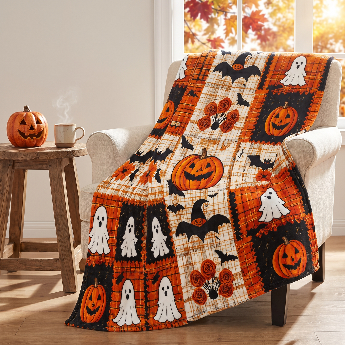 The blanket thrown over the arm of a cream armchair in a sunlit living room