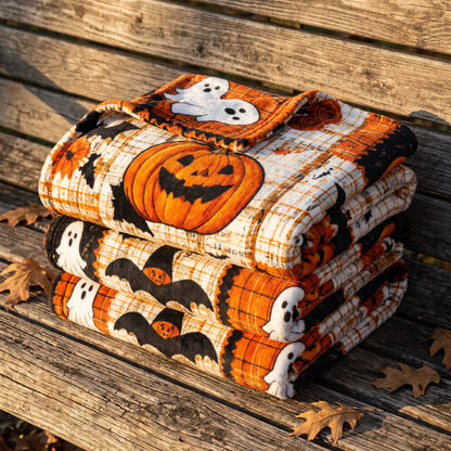 Three Halloween patchwork blankets folded in a stack on a weathered wooden bench