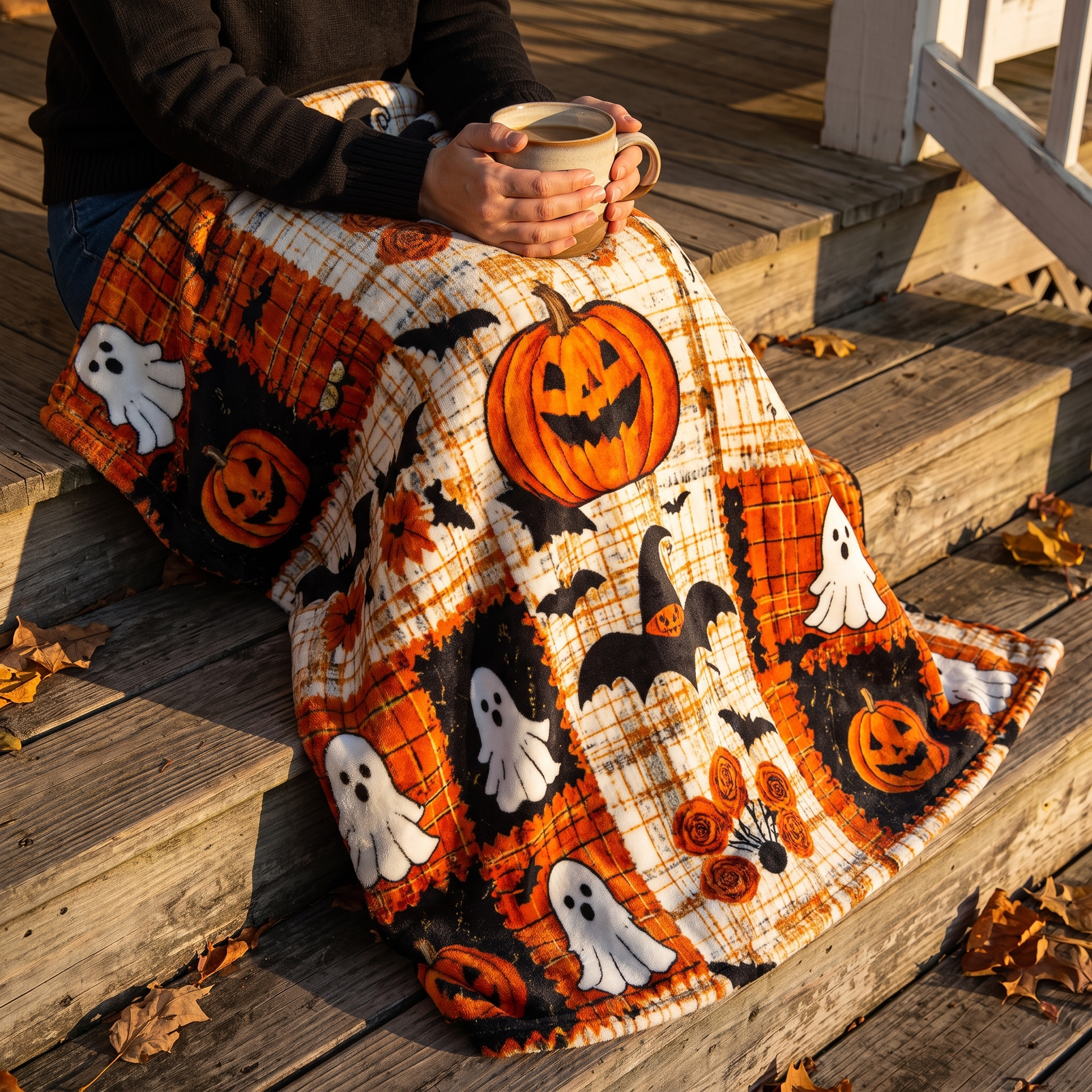 Woman wrapped in the Halloween blanket on porch steps with a mug of coffee
