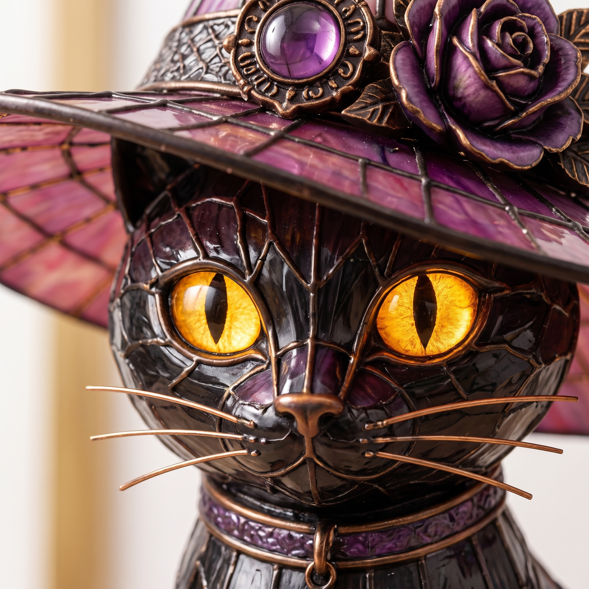 Close-up of the glowing amber glass eyes