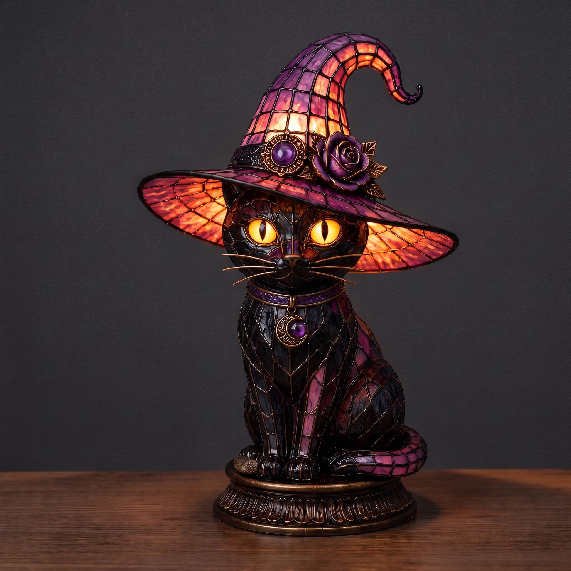 Stained glass witch cat lamp switched on and glowing