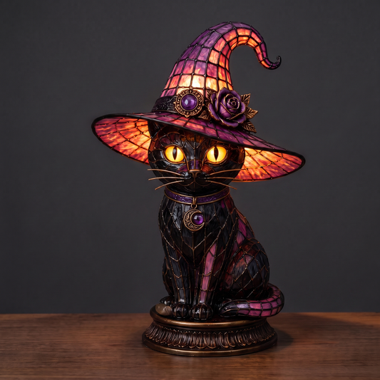 Stained glass witch cat lamp switched on and glowing