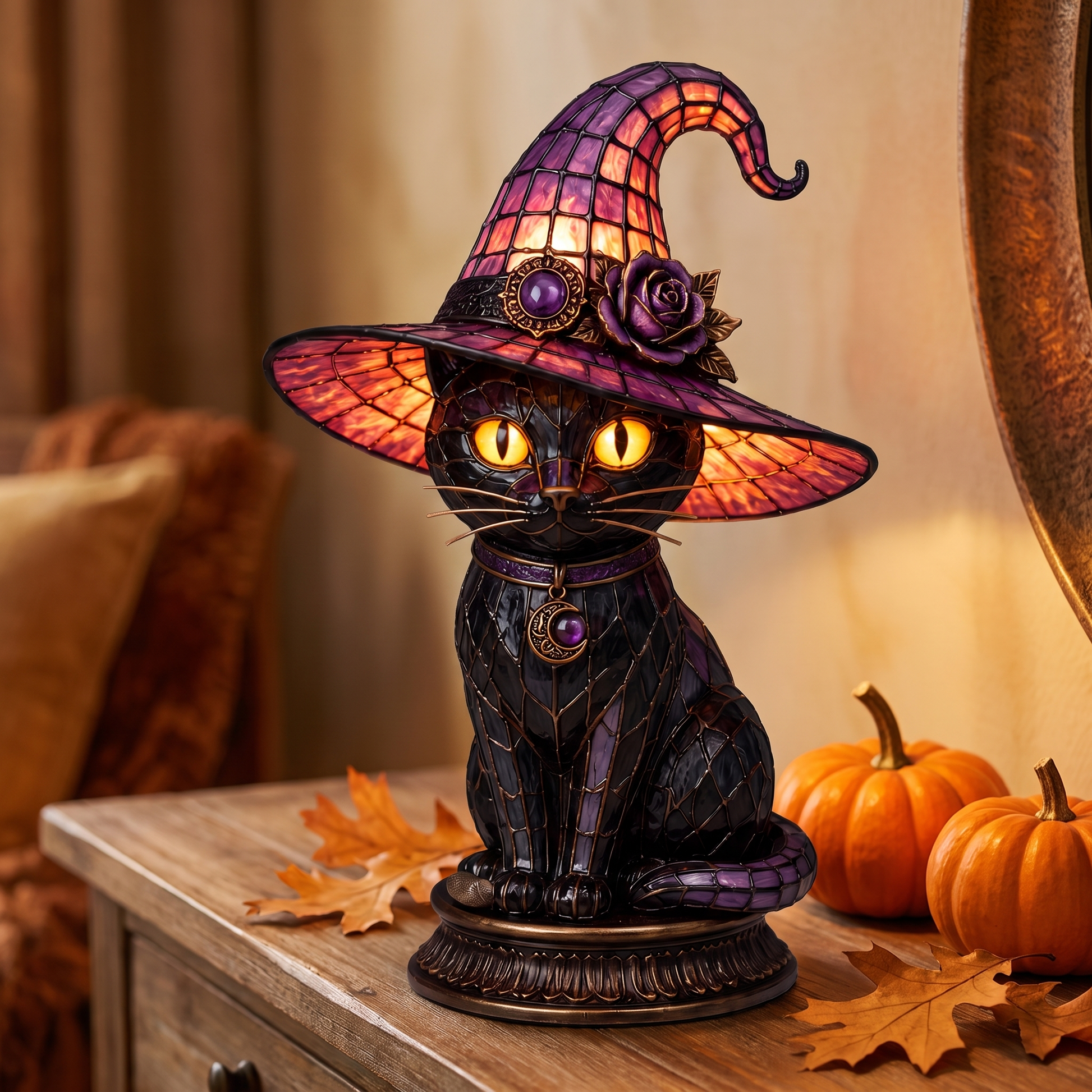 The glowing lamp beside small pumpkins and autumn leaves