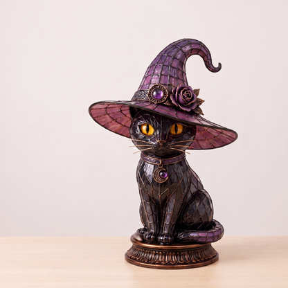 Stained glass witch cat lamp switched off on an oak tabletop