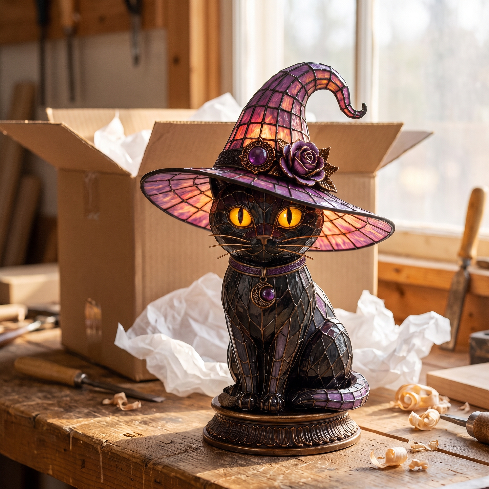 The lamp unpacked in front of its shipping box
