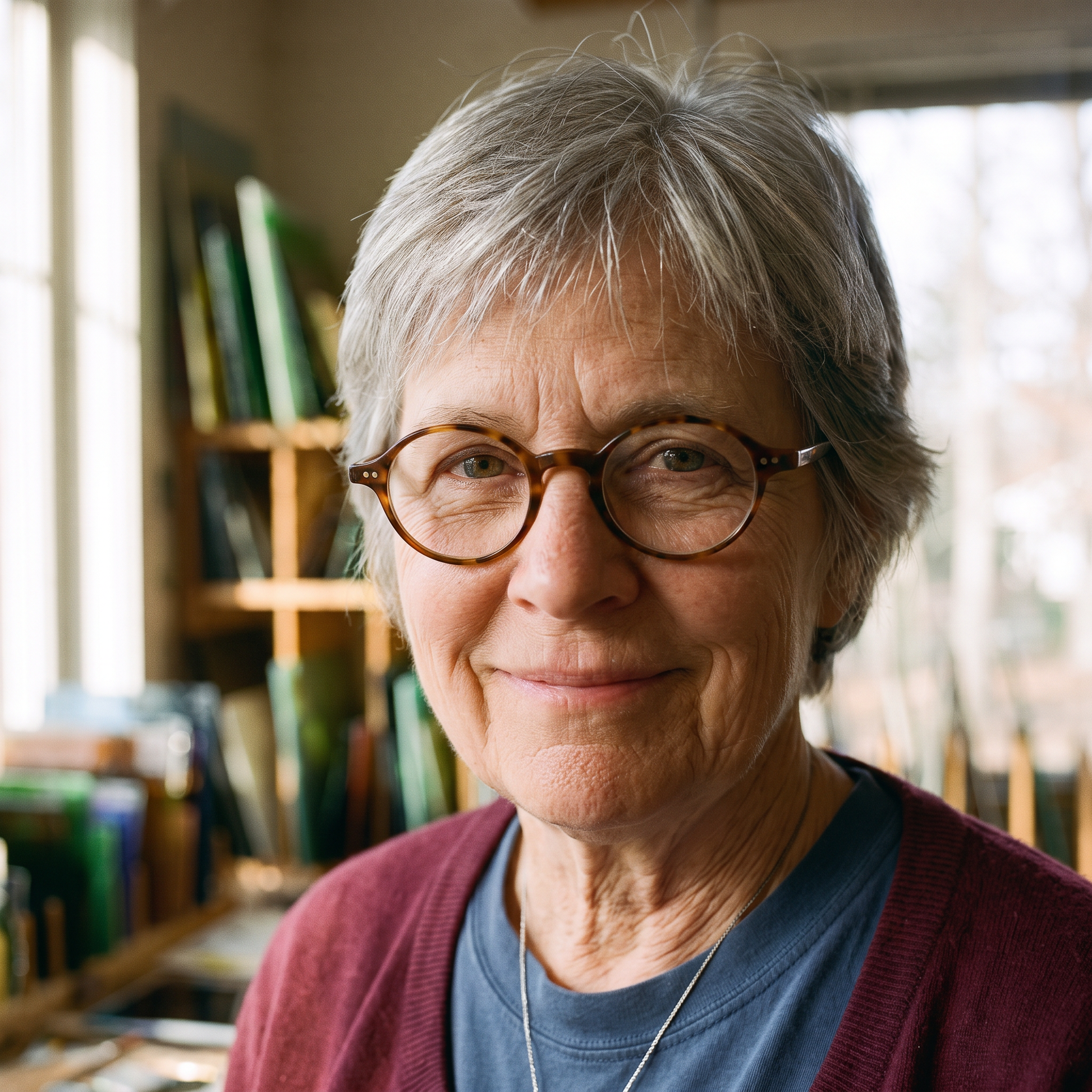 Portrait of Margie Vance in her stained glass workshop