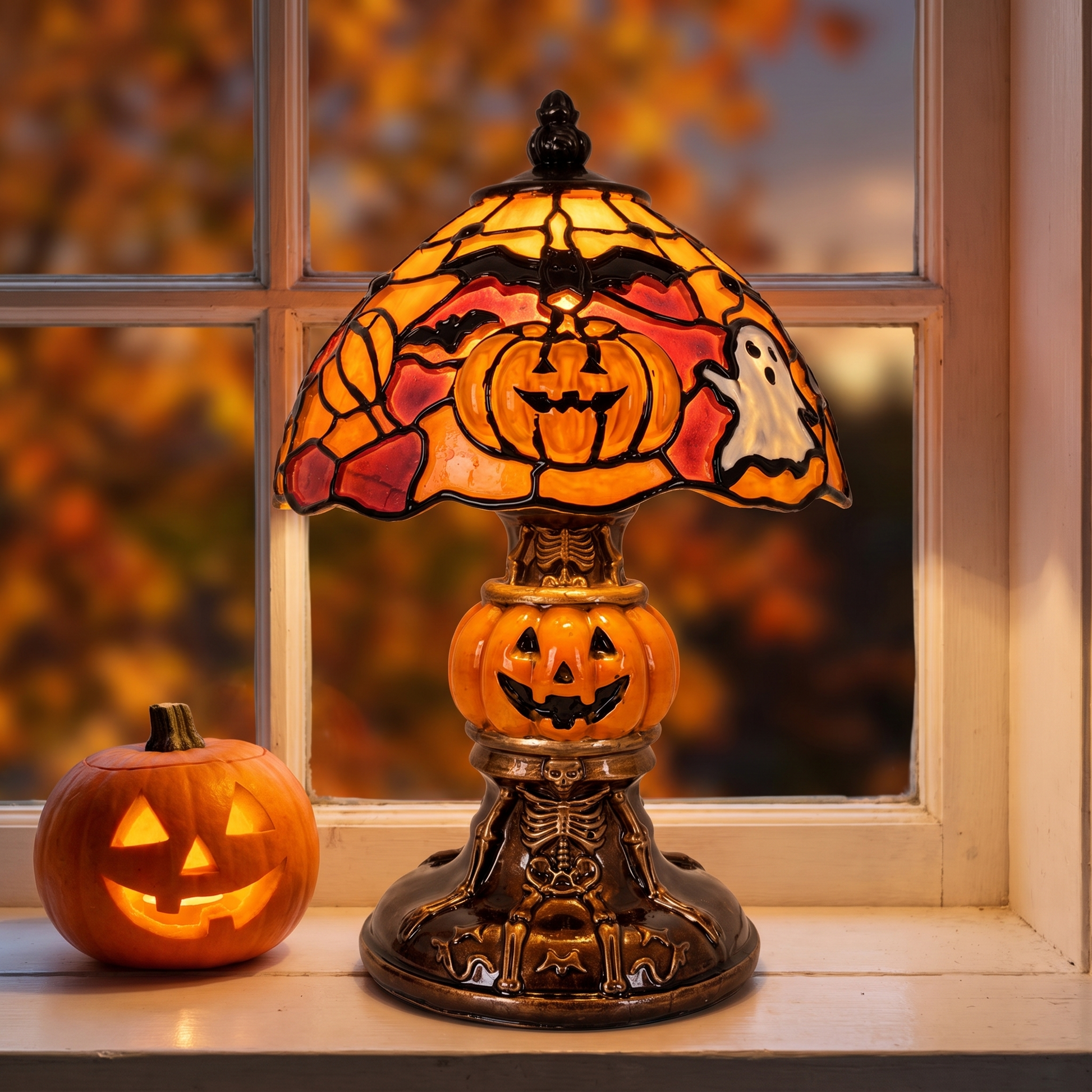 The lamp lit on a white windowsill beside a carved pumpkin
