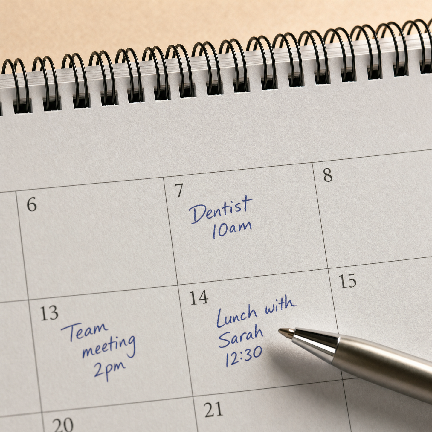 Close-up of the twin-wire spiral binding and large writable date blocks