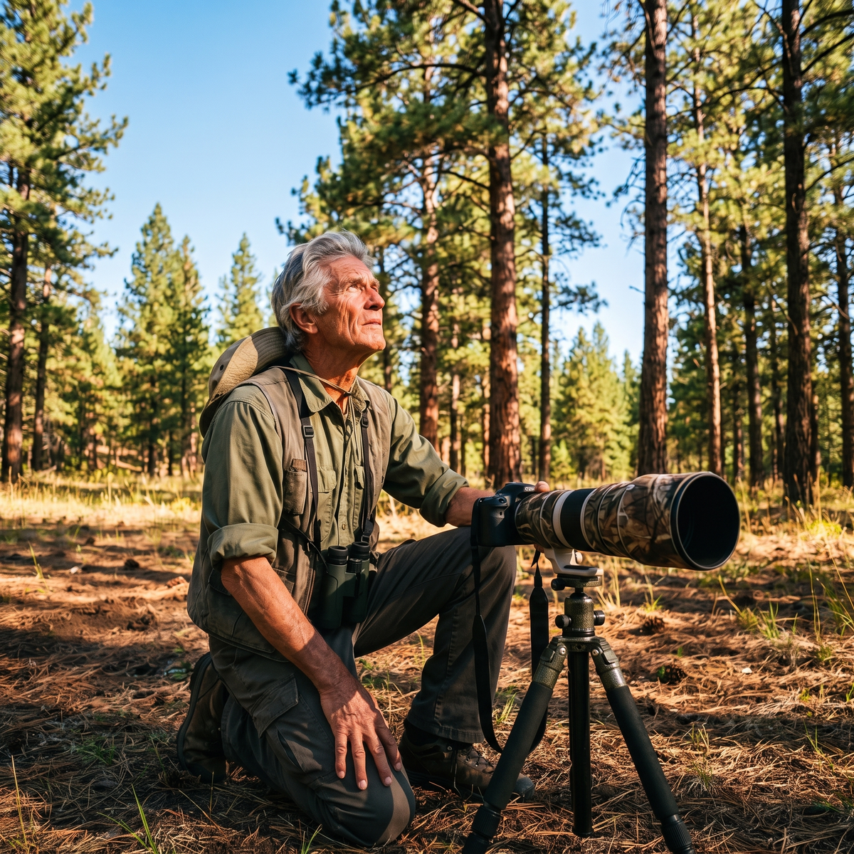 Ray Kessler photographing in a ponderosa pine forest in Montana